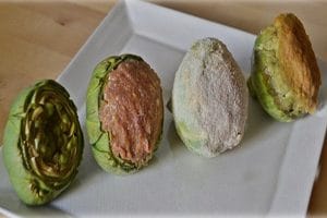 Alcachofas rellenas de carne y jamón.