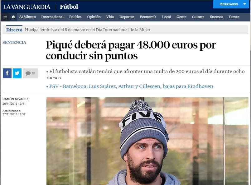 El juez condena a Gerard Piqué a una multa de 48.000 euros por conducir sin puntos