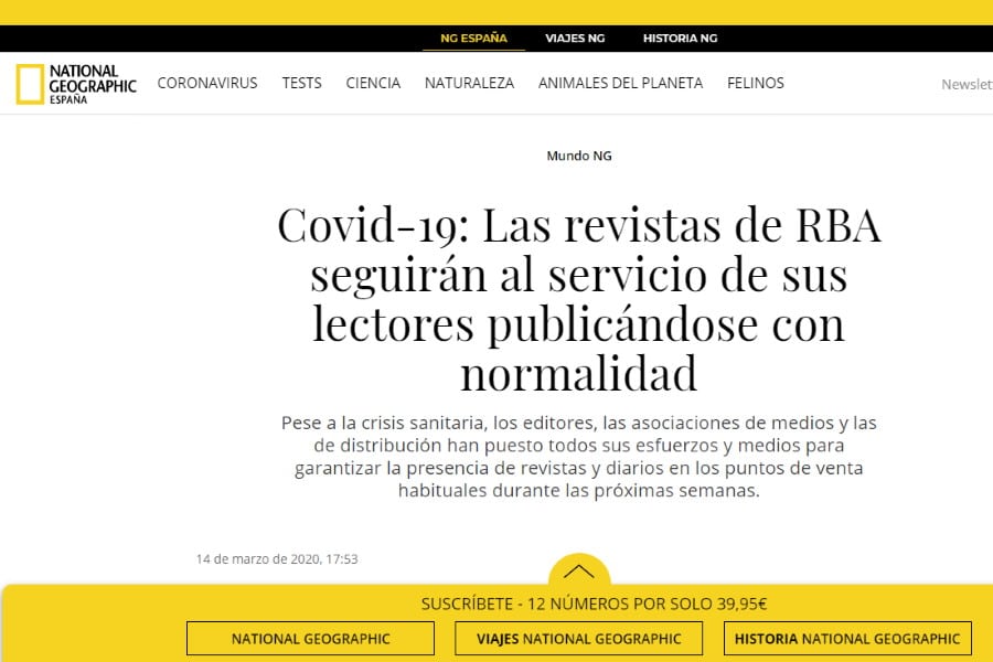 RBA se vuelca en la lucha contra el coronavirus COVID-19. Portada de National Geographic