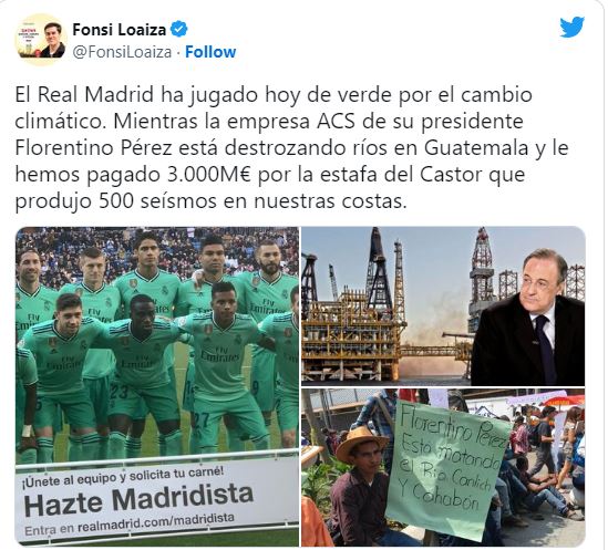 Tweet de Fonsi Loaiza criticando al Real Madrid