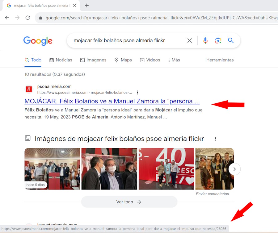 PSOE de Almería redirecciona la noticia de Bolaños en Mojácar. Foto de la búsqueda de Google que demuestra la redirección